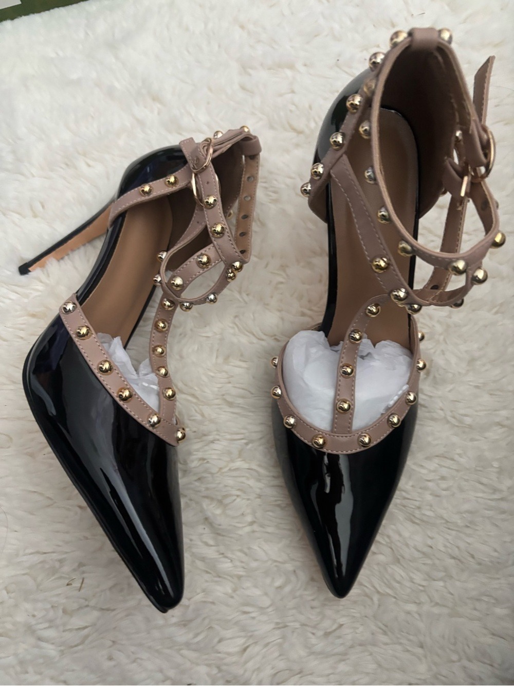 Women Black Patent Pointed Toe Ankle Strap Heels Size 7